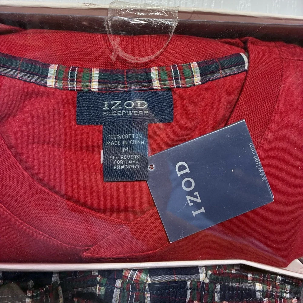 NEW Y2K Izod 2 Pc Pajama Set Red Long Sleeve Henley Blue Plaid Pants Men’s Med